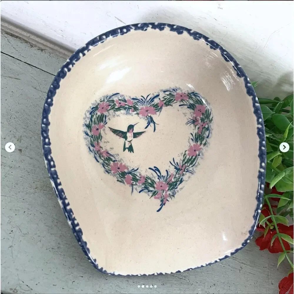 Vintage Home Garden Party Stoneware Floral Heart Hummingbird Scoop Soap Dish
